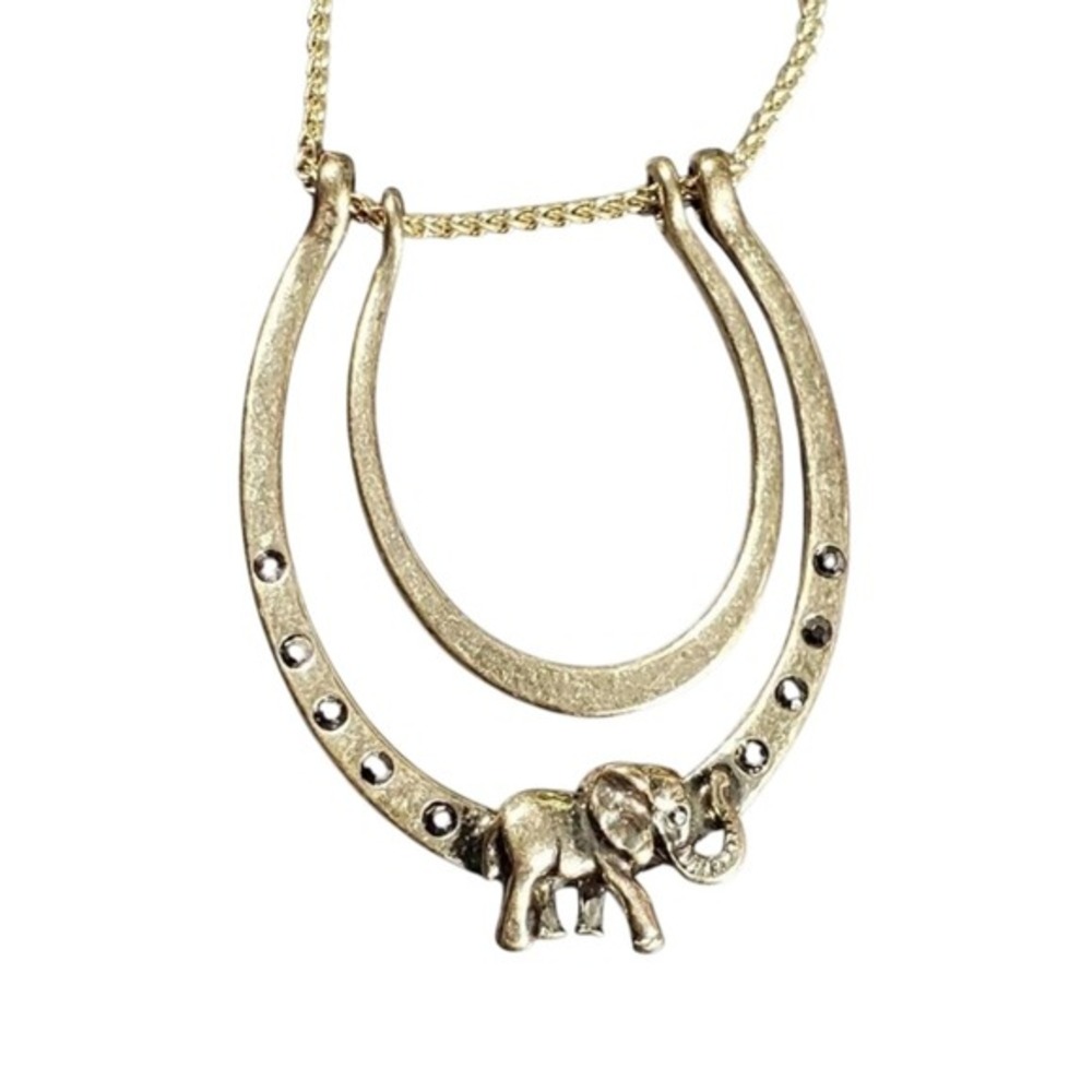 Lucky‎ Brand Horseshoe Elephant Pendant Necklace Antique Gold Tone Boho Western